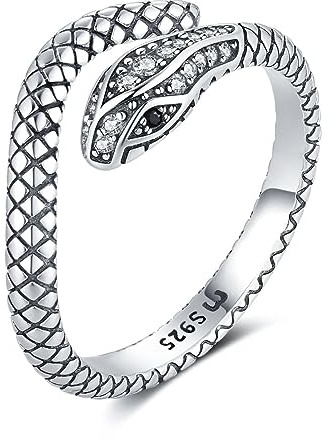 MARLION JEWELS Anillos de mujer en plata de ley abierto para ajustar con diseño de serpiente texturizada y circonitas brillantes decorativas. Anillo plata mujer con acabado plateado o dorado. Joyería