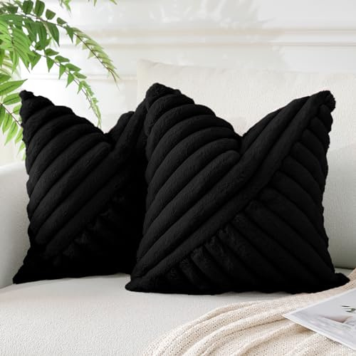 JOTOM Housses de Coussins en Peluche en Fausse Fourrure Décoratif Canapé Taie d'oreiller à Rayures Doux Decoration pour Maison Salon Chambre Décoration 40x40cm Lot de 2 (Noir)