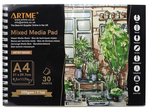 ARTME A4 Blocco per supporti misti 1pz, 30 fogli da 200 g/m², rilegato a spirale, con linee di taglio strappate, album da disegno e pittura (A4 x 1)