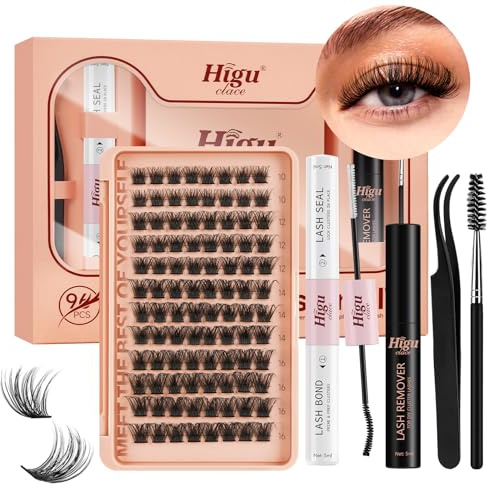 Higu clace-DIY-Wimpern-Set, 96pcs Wimpern-Extensions-Set, lash cluster D Curl Lashes-Set mit Wimpernkleber und -versiegelung, Wimpernapplikator Wimpernentferner zu Hause (Mega Kit D 10-16mm)
