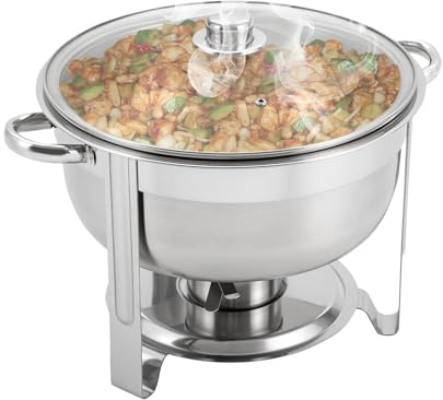 8,5L Runder Speisewärmer, Chafing Dish mit Glasdeckel Brennstoff-Halter Edelstahl Gourmet Wärmebehälter für Potlucks Partys Hochzeiten Abendessen Hotels