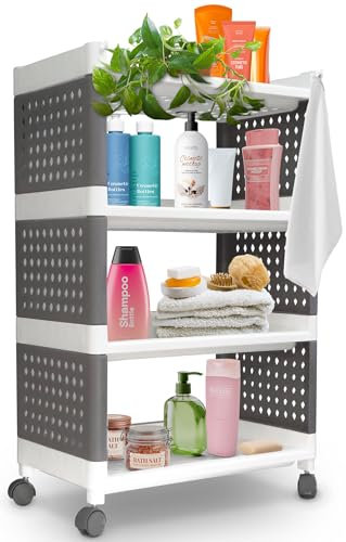 STREND PRO Rollwagen Badezimmer mit 4 Etagen | 76x49x29cm | Praktische Wagen mit Rollen Weiss/Grau | Küchenwagen auf Rollen für Küche, Bad | Kleines Regal, Kosmetikwagen mit Rollen | Badregal Klein
