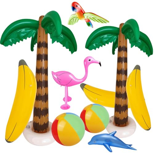WDKXCN 10 PCS Inflatable Palm Tree, Pool Party Decorations, Flamingo Parrot Dolphin Banana Beach Balls, Hawaiian Party Decoration Set for Adults, Summer Beach Pool Party Supplies