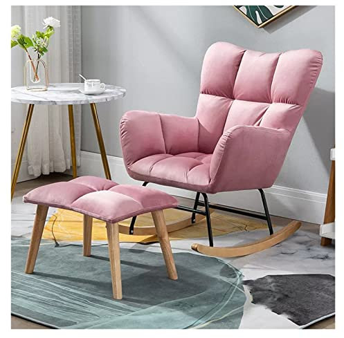 Mid Century Schaukelstuhl Stillstuhl mit Hocker aus Teddy-Stoff getufteter Akzentstuhl mit gepolstertem Sitz, rosa Schaukelstuhl für Freizeit und Entspannung im Wohnzimmer, Schlafzimmer, Büro,