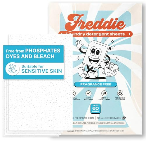 Freddie Hojas de detergente para ropa, sin fragancia, sin perfume, 60 cargas (30 hojas), tiras concentradas ecológicas sin líquido