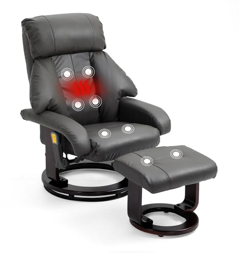 Mingone Relaxsessel Elektrisch mit Liegefunktion Grau | Fernsehsessel mit Hocker, Massagesessel mit Wärmefunktion, 360° Drehbar, Kunstleder, Elektrisch TV-Sessel für Wohnzimmer