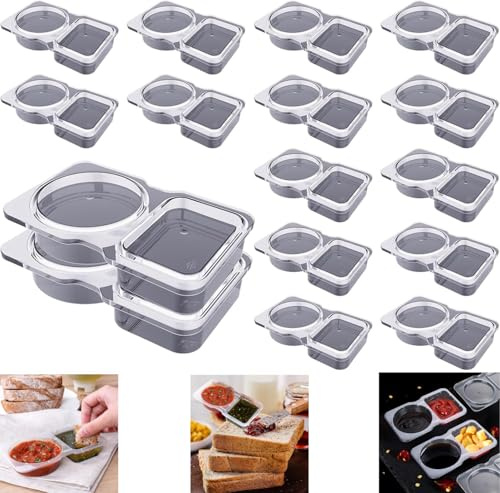 HhBdy 16 PCS Contenitore per condimenti a doppio scomparto con coperchio, 150ml Reusable Snack Pack Containers, Contenitori Piccoli per Alimenti, Portable Reusable Sauce Container