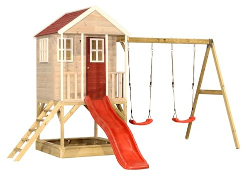 Wendi Toys M30R Maison sur pilotis avec Toboggan et Double balançoire, Bois FSC, Plateforme 90 cm, 290×405×242 cm, avec Toboggan 175 cm, bac à Sable, résistante aux intempéries, Rouge