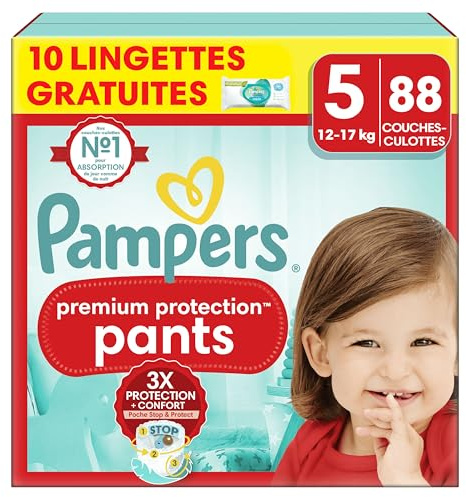 Pampers Premium Protection Pants Taille 5, 88 Couches, 12-17kg, Avec Maintien 360° et Matières Ultra-Douces Pour Notre Meilleur Confort Et Protection + 10 Lingettes Harmonie Aqua Gratuites