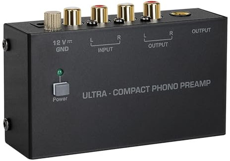 PRITOK Low Noise Phono Preamp for Turntable: RCA Input/Output Stereo Preamplifier with 3.5mm Headphone, 12V DC Adapter & Metal Case für Hi-Fi Audio (10.3x5.7x3cm)