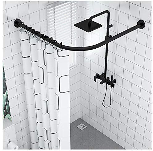 Bastone per tenda da doccia ad angolo curvo a forma di L, per bagno, regolabile, estensibile, montaggio a parete, con ganci, nero (70 95 cm × 105 165 cm)