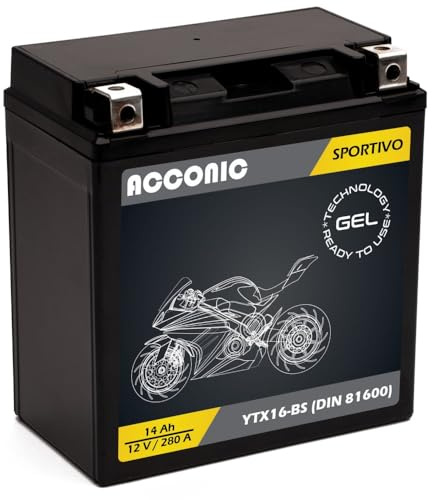 ACCONIC Sportivo GEL YTX16-BS Motorradbatterie 14Ah 12V 280A DIN 81600 Maße: 150 x 87 x 161 mm ideal für Roller, Moped, Quad & Motorrad – wartungsfrei, & auslaufsicher