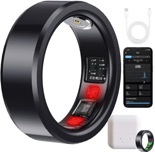 Fitness Tracker Smart Ring, cardiofrequenzimetro, monitoraggio del sonno, modalità multi-sport, impermeabile, monitoraggio della temperatura corporea, compatibile con app, scatola di ricarica, ideale