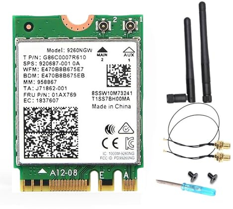 Intel AC 9260 Tarjeta WiFi, M.2 802.11ac, Bluetooth 5.1, 1.73 Gbps, banda dual, MU-MIMO, compatible con Windows 10/11