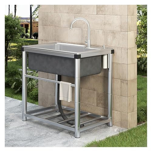 Lavello In Acciaio Inox Autoportante 1 Vasca, Lavandino Commerciale Con Rubinetto, Portatile Lavabo Da Esterno, Per Cucina Giardino Terrazza(45 * 40cm/17.7 * 15.7in)