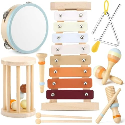 Kleinkind-Musikinstrumente, Montessori-Musikinstrument für Babys, Percussion-Instrumente Set mit Modernem Boho-Xylophon, Jungen und Mädchen Musikspielzeug, Holzspielzeug Lernspielzeug Schlagzeugset
