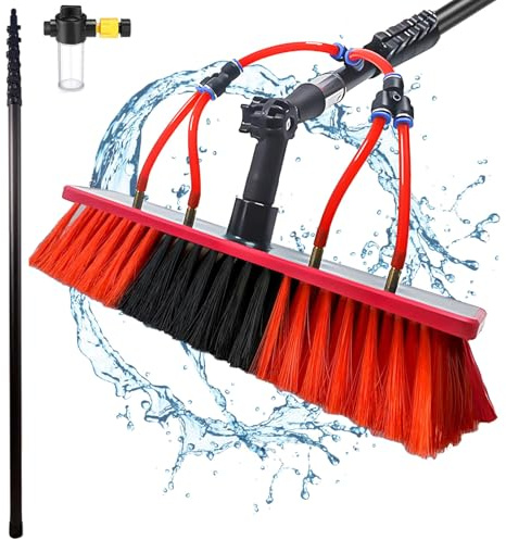 YFSMBD Teleskop Waschbürste 10m mit Wasseranschluss | mit Seifenspender und Schlauch | Reinigungsbürste Ausziehbar aus Kohlefaser für PV Anlagen, Fenster, Terrassendach, Wohnmobil UVM, 35cm Bürste