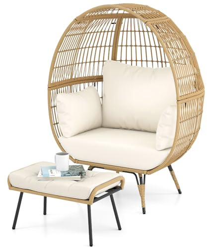 LIFEZEAL Eierstuhl Rattan, Korbsessel mit Kissen, Gartenliege Rattansessel Ei-Form mit Metallrahmen, Rattanstuhl für Terrasse, Hinterhof, Wohnzimmer, Belastbar bis 205 kg (Mit Hocker, Gelb)