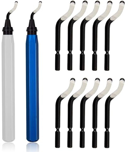 2 Pcs Plastic Deburring Tool with 10 Pcs BS1010 High Speed Steel Blades, Deburring Tool for Plastic, Metal Handle Hand Deburrer for Metal Resin PVC Pipes Copper 3D Printed Edges, Silvery and Blue