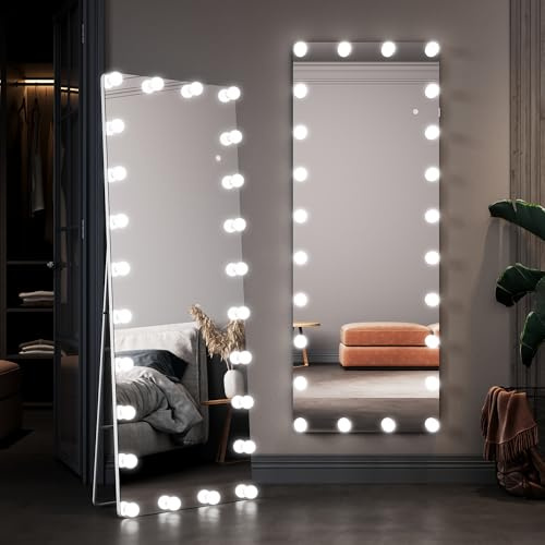 ELEGANT Full Length Mirror with Lights, 160×60cm Standing Mirror with Dimming LED Bulbs & 3 Color Modes, Touch Switch & Memory Function, Floor, Wall Mounted and Leaning Against Wall for Bedroom