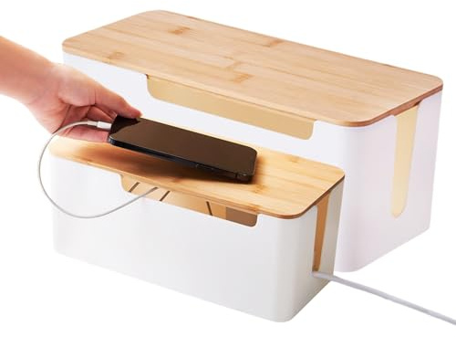 Caja de gestión de cables - Juego de organizadores de tapa de madera | Caja decorativa para ocultar cables eléctricos, enrutadores de Internet, tiras de enchufe, gadget de escritorio para oficinas