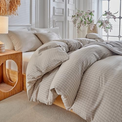 DuShow Grid King Duvet Cover Set - Taupe Plaid Checkered Washed Microfiber Comforter Cover Set, 3 Pieces Soft Reversible Bedding Set(Taupe,King)
