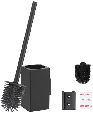 BGL väggtoalettborste i metall med 304 handtag i rostfritt stål, inklusive ABS ersättningsborsthuvud, svart design, platsbesparande och hygienisk för badrum