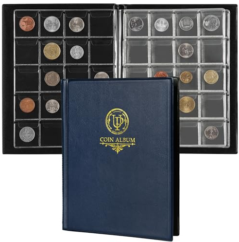 200 Pockets Coin Album - Coin Collecting Book with 10 Pages, 33x33 mm Grid Holder for Pounds Pence Cents Dollars Nickel (Blue) CS48200BL