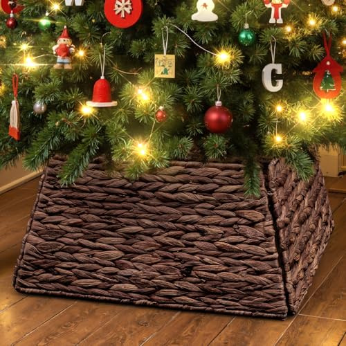 Lanpn Naturel Rotin Collier Sapin Noël 43 cm, Carré Housse de Décorative Cache Base Pied Jupe de Sapin de Noel Vannerie Decorations Christmas Tree Collar pour Petit Mini Arbres Artificiels (Brun)