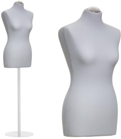 DummyDoll Schneiderpuppe weiblich Größe 36/38, Überzug Silbergrau, Fuß Metallteller weiß + Kappe