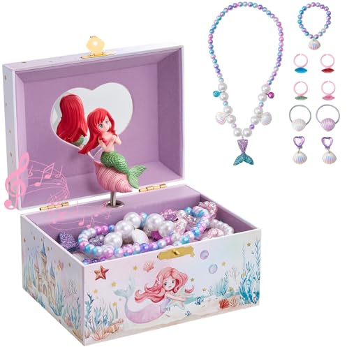 ProCase Kinder Musik Box Schmuckkästchen mit Spieluhr Mermaid, Schmuckschatulle mit Melodie für Mädchen (Mit Mermaid-Schmuckset)