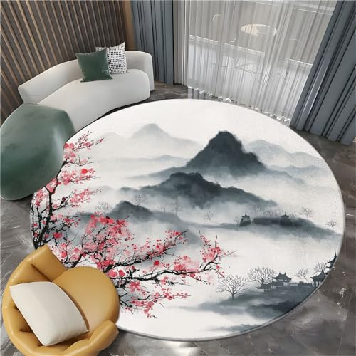Ink Wash Painting Mountain Pavilion Peach Blossom Round Rugs 120 cm Area Rug Washable Moisture Barrier Round Carpet, Beige Soft Non-Slip Low Pile Circle Carpet - Entryway Bedroom Living Room Runner