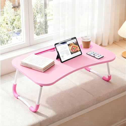 GREENSAPPIRE Laptop Bed Table with Foldable Legs - Height Adjustable Bed Tray with Cup Holder & Phone Slot, Portable Notebook Stand for Sofa Bed Floor Use (Pink)