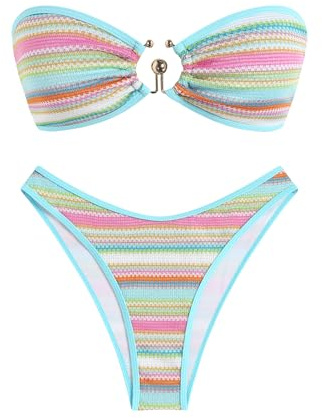 ZAFUL Women's Bandeau Bikini Sets Crochet Boho Stripe Bathing Suit for Women Bandeau Swim Top for Summer Party (Stripe Sky Blue XS)