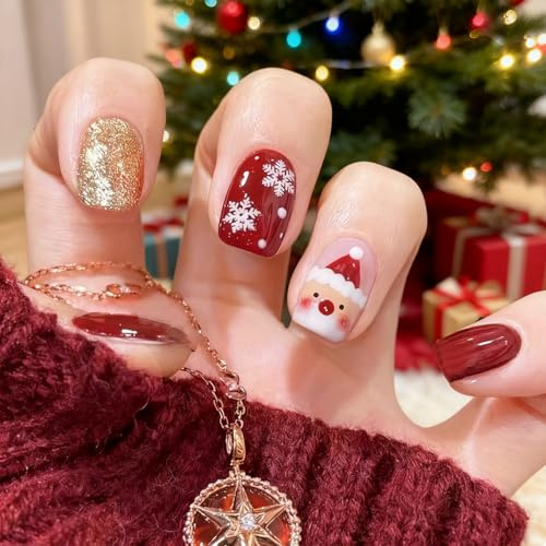 Rolcheleego 24pcs Christmas False Nails - Short Oval French Tip Press on Nails with White Edge, Holly Berry Pattern, Removable Glue-on Acrylic Full Cover Nails for Women & Girls' Nail Art