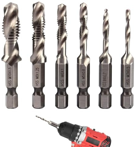 6 PCS HSS Drill Bit Set,HSS Combination Drill and Tap Set,Combination Drill and Metal Drill Bits,M3 M4 M5 M6 M8 M10 Metric Thread Screw Taps Tool,1/4 Hex Shank for Screw Tapping in Steel