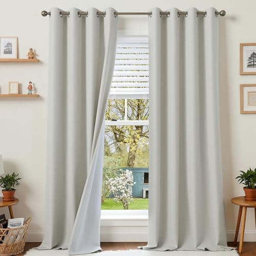 Runyéla 100% Rideau Occultant Lin Thermique Isolant Anti Chaleur Lot de 2, 140x280 Rideaux à Oeillets Fenêtre Beige Clair, Anti Froid UV Phonique Bruit, Decoration Chambre Salon Blackout Curtains