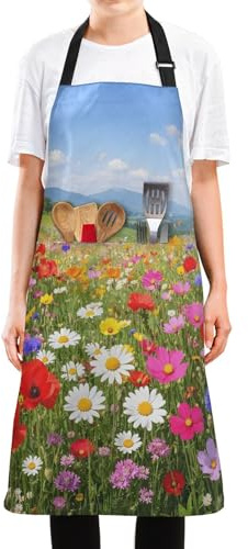 SDMKA Colorful Flowers Meadow Bib Apron - Water and Oil Resistant, Adjustable with 2 Large Pockets, 35 Inch Chef Aprons for Cooking, Grilling, Gardening, Men and Women
