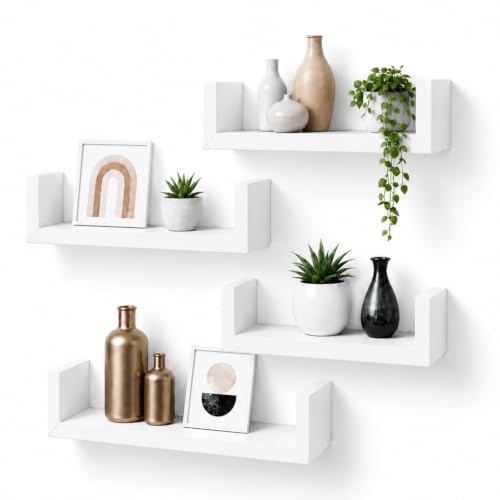 White Floating Shelves Set of 4, U-Shaped Wooden Wall Mounted Shelves | Set of 4 White Wall Shelves for Living Room, Bedroom, Kitchen & Bathroom