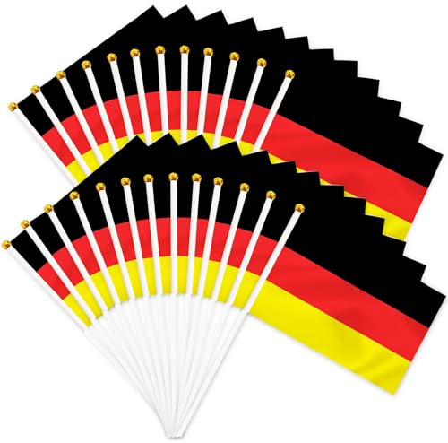 25 banderas alemanas de mano, de poliéster, con mástil, de 14 x 21 cm, ideales para eventos deportivos, fiestas nacionales y decoración de bares.