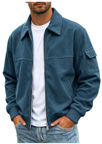 Chaqueta de pana con cremallera para hombre, cuello de solapa, abrigo casual con bolsillos en los brazos, chaqueta bomber ligera retro para el trabajo diario, al aire libre, otoño e invierno, azul, L