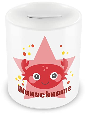 Samunshi® Kinder Spardose mit Namen und Einer süßen Krabbe als Motiv für Kinder - Jungen und Mädchen Sparschwein 330ml weiß