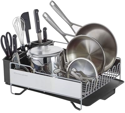 KitchenAid Large Capacity Full Size Rust Resistant Dish Rack with Angled Drain Board and Removable Flatware Caddy, Light Grey