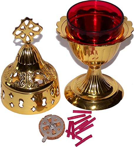 Holy Land Market Öllampe aus Messing – Kirchenzubehör und Zubehör – mit Ölglasbecher und Dochten und Schwimmern (20,3 cm)