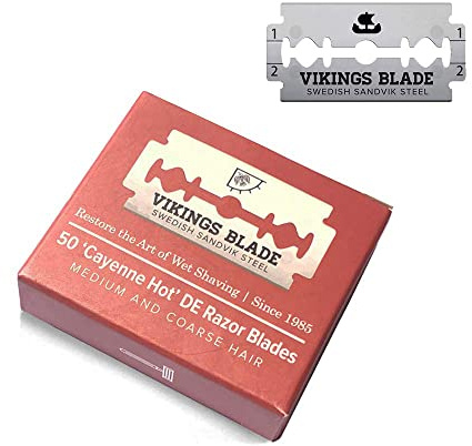 VIKINGS BLADE Double Edge Safety Razor Blades, 50x Blades, Swedish Steel + Platinum Coated, Replacement Razor Blades & Refills (Semi-Aggressive & Safe)