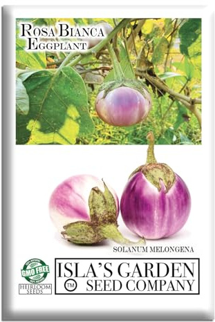 Rosa Bianca Eggplant Seeds (Solanum melongena) – 20 Non-GMO Heirloom Seeds by Isla’s Garden Seeds, Italian Variety with Mild Flavor, Great for Grilling, Roasting, Garden Gifting
