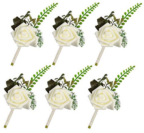 Famibay Boutonnieres White Foam Rose Corsage Buttonhole Flowers with Pin 6pcs Bridal Groom Wedding Flowers (White)