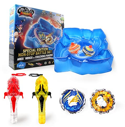 INFINITY NADO Peonzas con Arena para Niños de Juguete de Metal, Peonzas con 2 lanzadores magnéticos Fire Dragon vs Ares' Wing, Juguete para niñas 5 6 7 8 9 10 11 12 Años, Yellow Blue