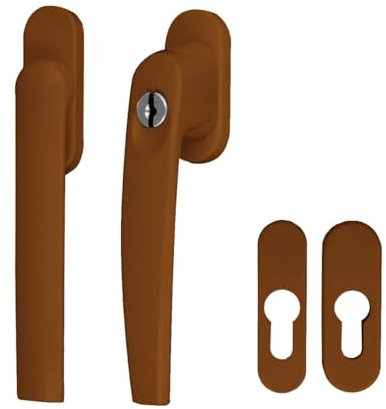 Alu Terrassentürgriff Paar mit Rosetten - Flachgriff für Rollladen - abschließbar, Farbe:Golden Oak RAL 8003