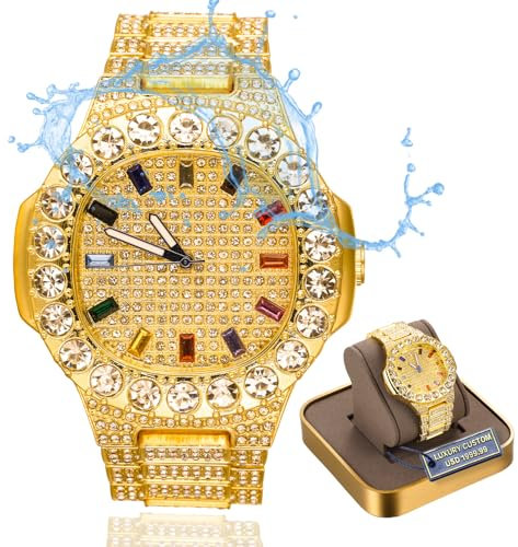 Halukakah Premium-Diamant Gold Uhr Für Männer - 18k Echtgold Plattiert,Extragroßes,Diamanten Besetztes Zifferblatt mit Mehrfarbigen Edelsteinen,Iced Out,24cm Armband, mit Geschenkbox